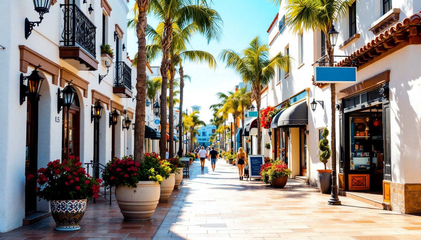 Spanish-style main street with white walls and red tile roofs
