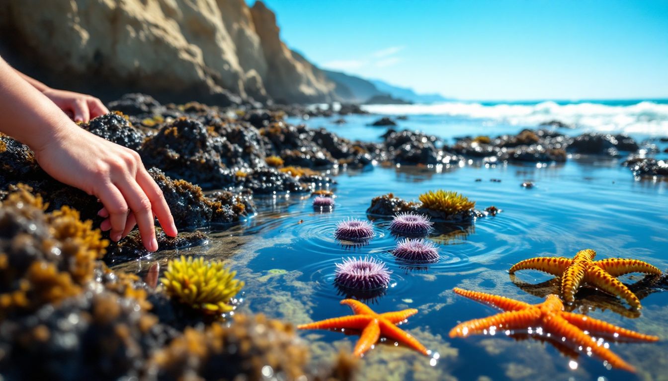 Tide pools with sea urchins and sea stars at low tide