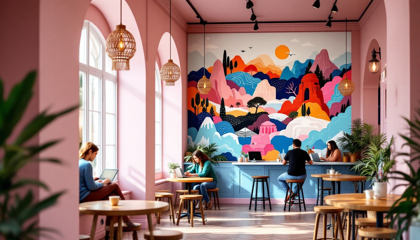 Travel-themed cafe interior with pink walls and a colorful mural