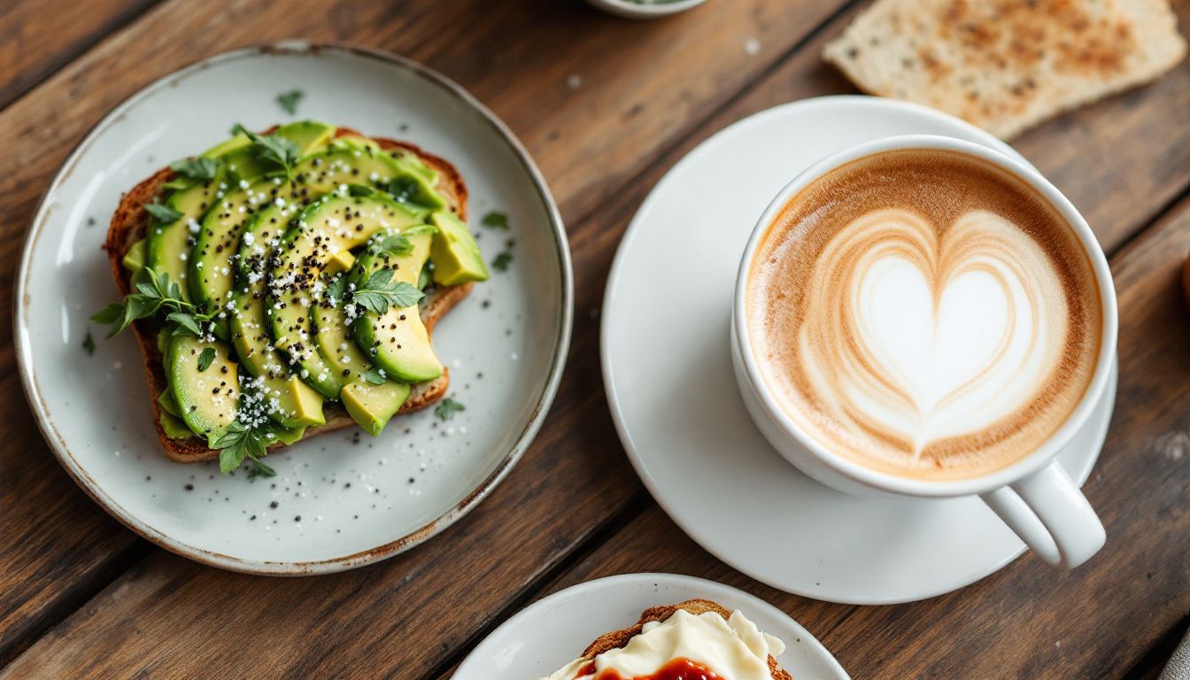 Avocado toast and a latte with heart latte art
