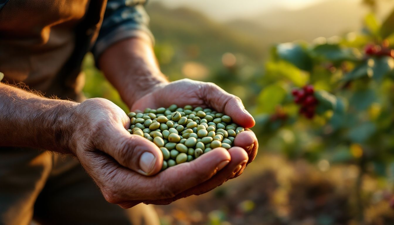 Farmer holding green coffee beans on a coffee farm