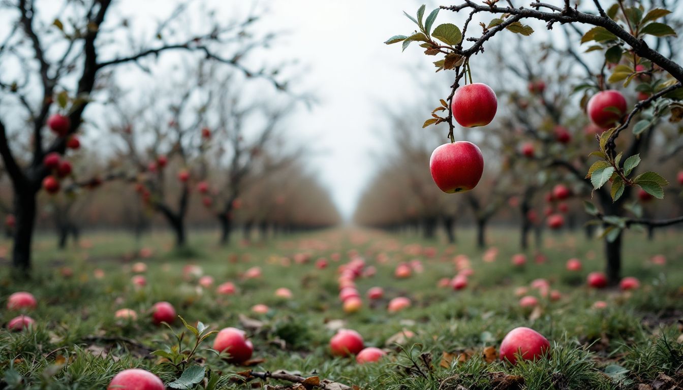 Apple orchard after a storm with fruit on the ground