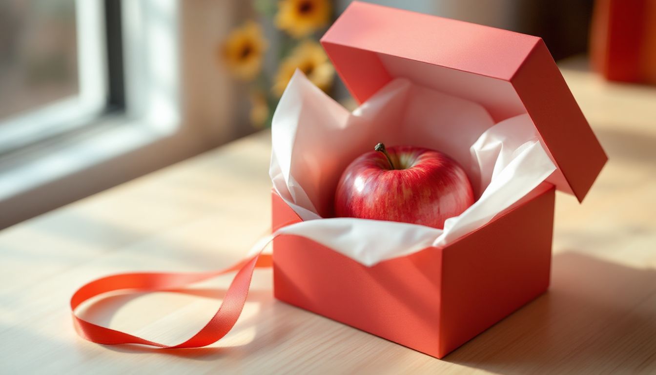 A single red apple in a gift box